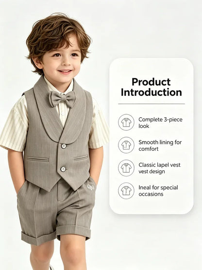 3Pcs Toddler Boy Gray Vest Suit Striped Short Sleeve Shirt Bow Tie Shorts Kids Wedding Baptism Birthday Gentleman Formal Outfit