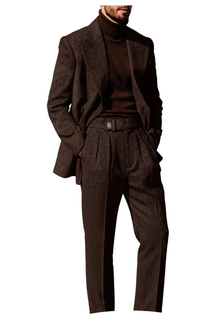 Men's Herringbone Suit 2-Piece Set – Double Breasted Blazer & Trousers for Wedding & Business