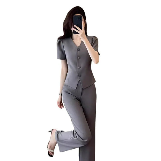Woman's Elegant Blazer Suits Sets Short Sleeve Jacket Elastic Waist Flare Pants Solid Outfit Summer Fashion New 2 Pcs