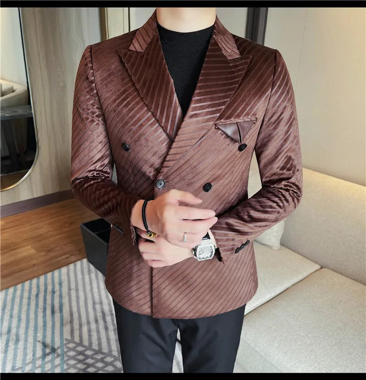 British Style Double Breasted Suit Jacket Men Striped Casual Business Blazers High Quality Wedding Social Banquet Dress Coats
