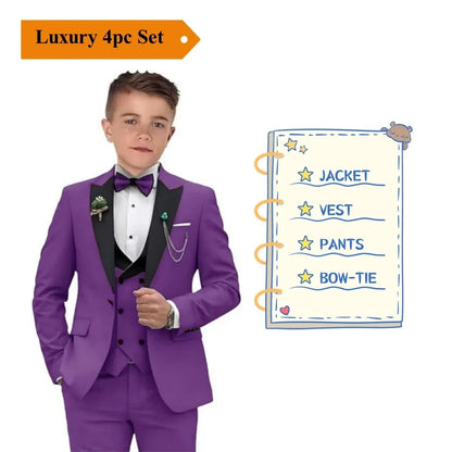 Boys 4-Piece Formal Suit Set – Single Breasted Peaked Lapel Kids Tuxedo for Weddings & Special Occasions