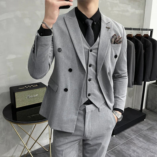 Men's 3 Piece Suit Set Double‑Breasted Slim Fit Solid Color Business Casual Wedding Party Jacket Vest Pants Male Formal Outfit