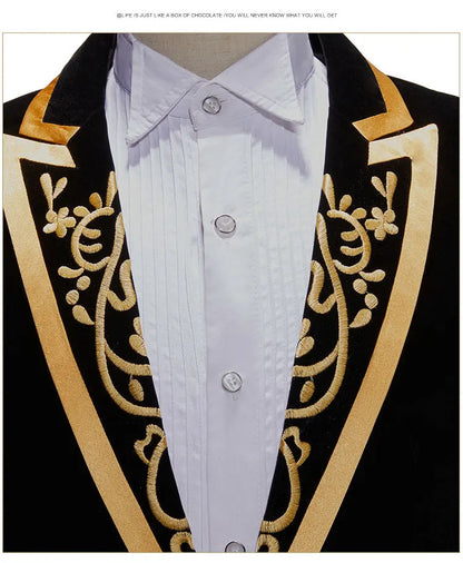 Men's Black Velvet Embroidery Formal Blazers Slim Fit Single Button Suit Jacket Singer Host Stage Banquet Prom Tuxedo Costume