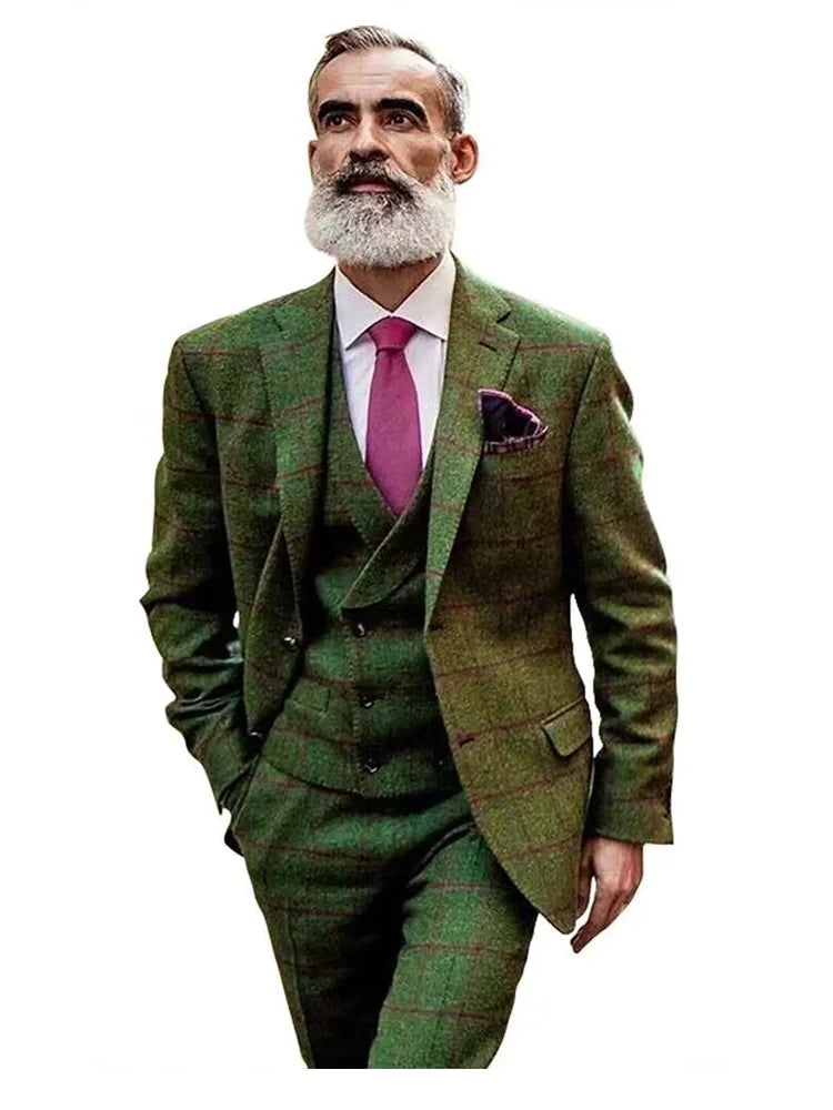 Costume 3 pièces élégant pour homme - Mélange de laine à carreaux vert - Tuxedos de mariage vintage style occidental - Ensemble de costumes d'affaires formels (Veste+Gilet+Pantalon)
