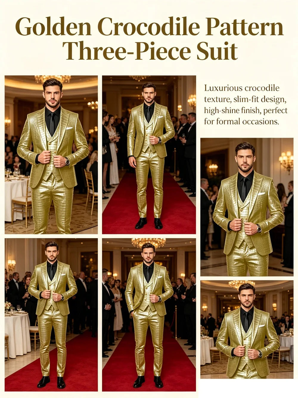 Men's 3 Piece Suit Crocodile Pattern Prime PU Leather Single Breasted Gold Buttons Slim Fit Wedding Dinner Party Formal Outfit ﻿