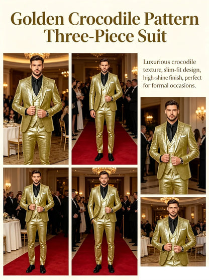 Men's 3 Piece Suit Crocodile Pattern Prime PU Leather Single Breasted Gold Buttons Slim Fit Wedding Dinner Party Formal Outfit ﻿