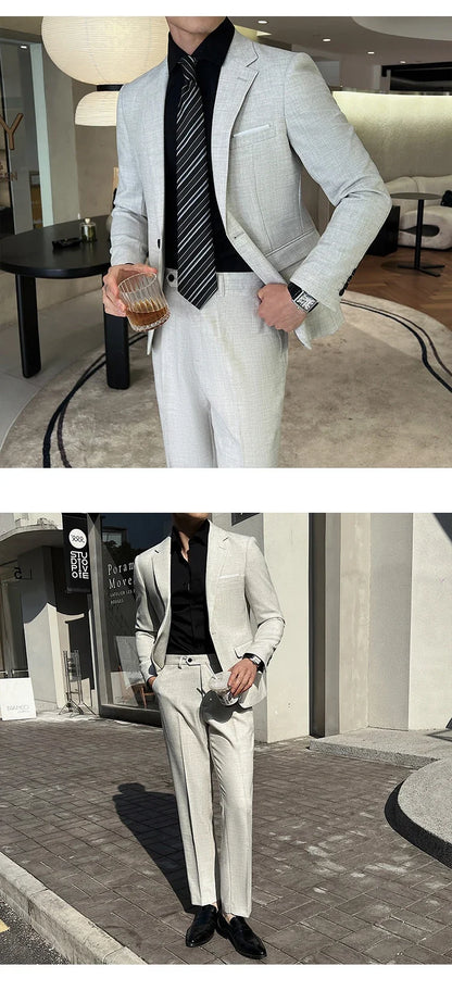 (Jacket +Pants) 2025 New Luxury Elegant Men's Suits 2 Piece Set Fashion Korean Casual Slim Fit Social Groom Wedding Tuxedo