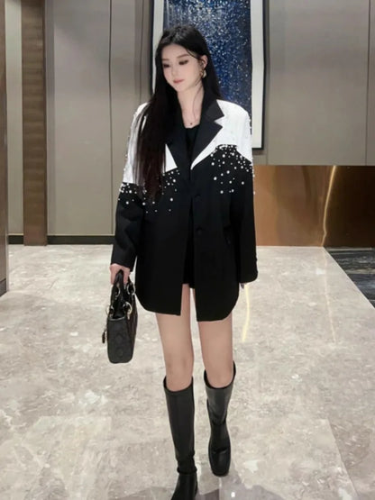 Elegant Women Autumn New Pearls Beading Mid Long Blazer Jacket Mixed Colors Loose Fit Office Ladies Suit Coat Party Outerwear