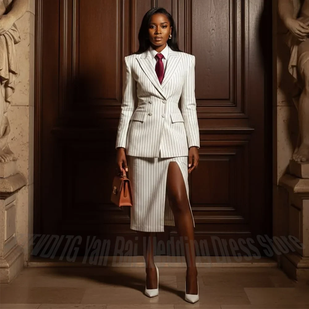 White Striped Skirt Suit for Women Elegant Lady Outfit Tea Length Double Breasted Casual Fashion Female Clothing Customized