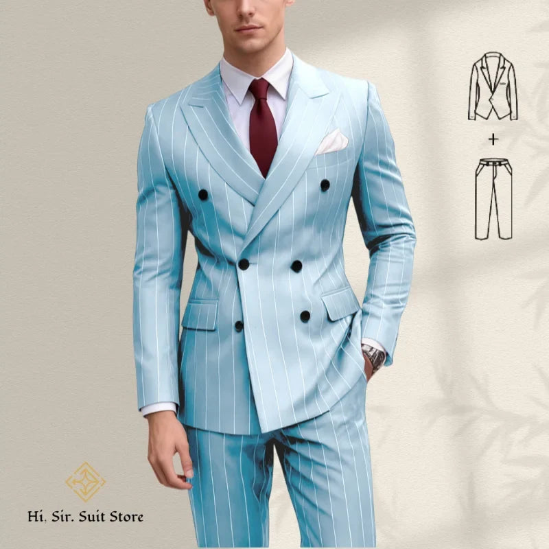 Men's 2-Piece Slim Fit Double-Breasted Striped Suit Set for Men – Wedding, Business & Formal Occasions