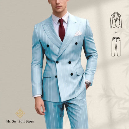 Men's 2-Piece Slim Fit Double-Breasted Striped Suit Set for Men – Wedding, Business & Formal Occasions