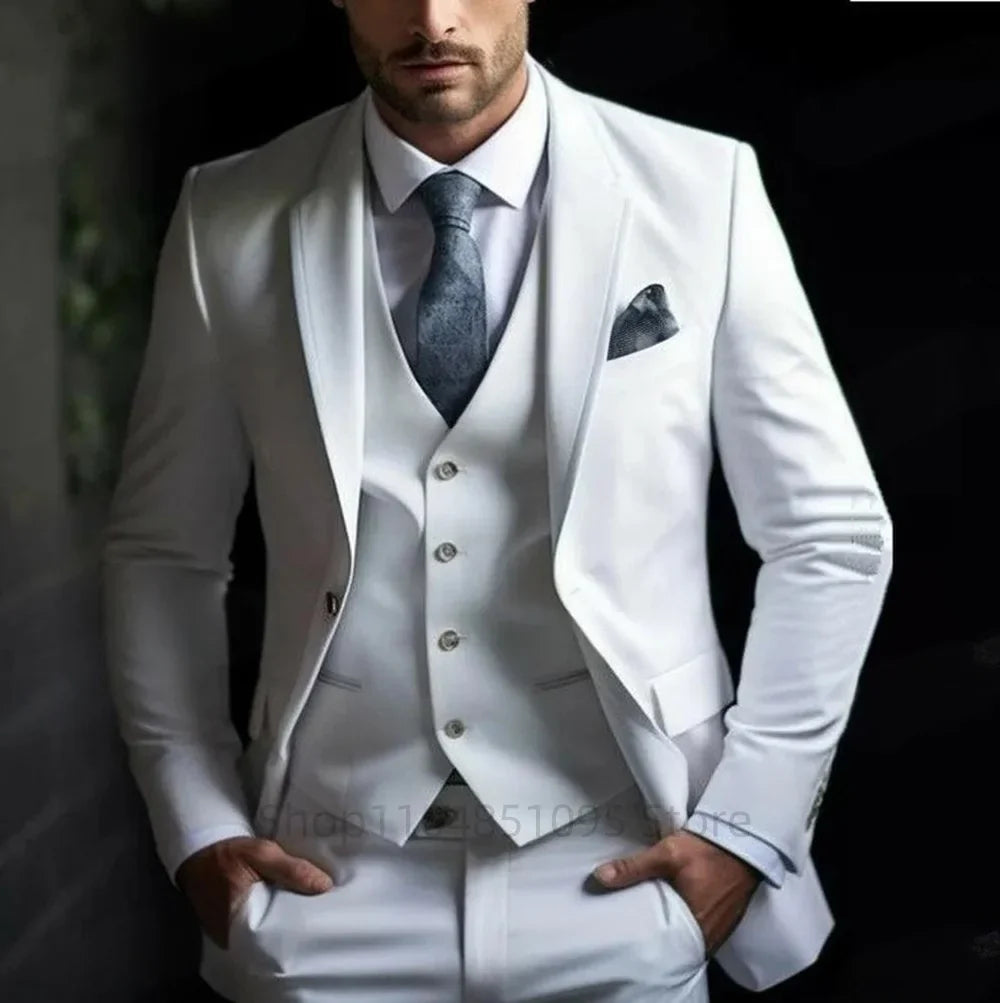 Elegant Gray Men's Suit Slim Fit Fashion Wedding Tuxedo 3 Piece Two Buttons Peak Lapel Blazer Vest Pants for Party Homme Costume