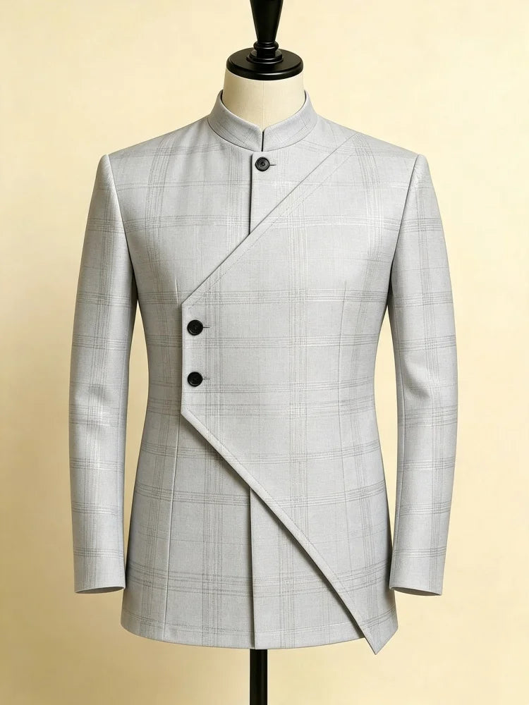Mens Mandarin Collar Oblique Plaid Blazer Slim Fit Asymmetric Button Suit Jacket New Chinese Style Formal Wedding Outerwear