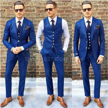 Royal Blue Men's Slim Fit Formal Business Suit Wedding 3-Piece Set with Notch Lapel Blazer Vest And Trousers for Party Prom