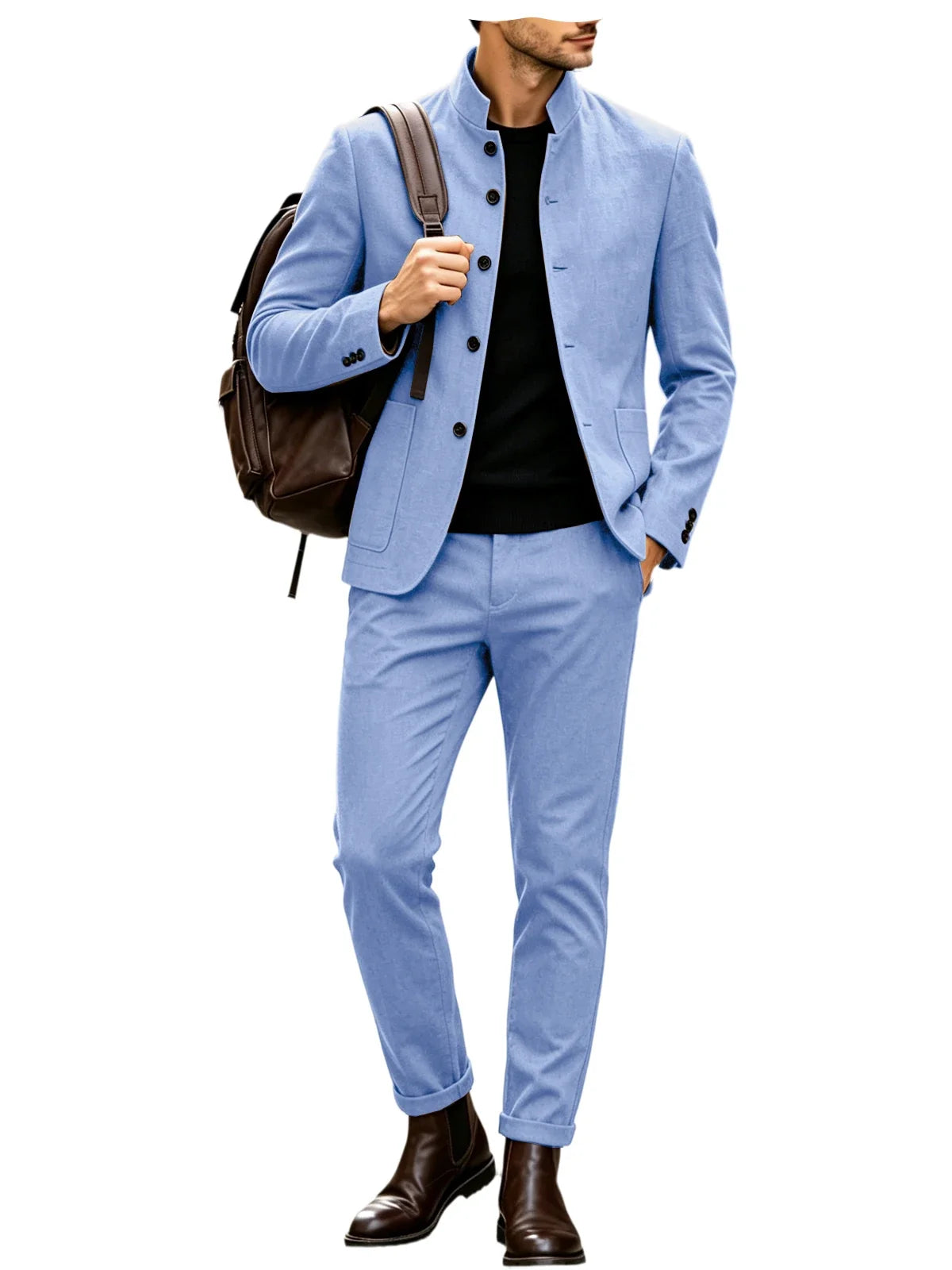 Men Stand Collar Linen Blazer Set Slim Fit 2 Pieces Jacket Pants Breathable Wrinkle‑Resistant Vintage Casual Business Outerwear