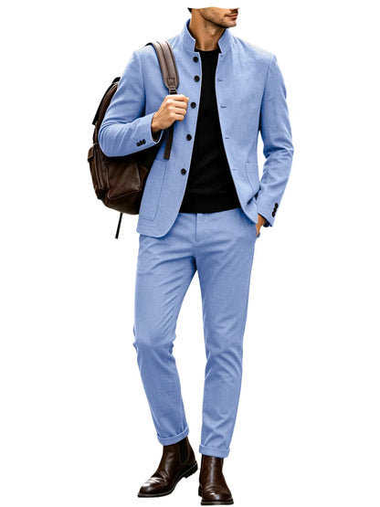Men Stand Collar Linen Blazer Set Slim Fit 2 Pieces Jacket Pants Breathable Wrinkle‑Resistant Vintage Casual Business Outerwear
