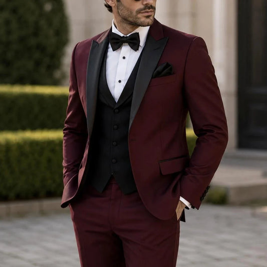 Men Suit Burgundy 3 Pieces Single Breasted Black Lapel For Wedding Birthday Banquet Party Business Work Office Jacket Vest Pants