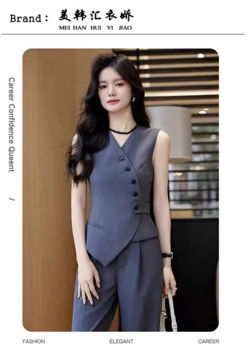 Office Female Suits Vest Coat Spring Summer V-Neck Diagonal Buckle Sleeveless Blazers Jacket Women Fashion Thin Slim Waistcoat