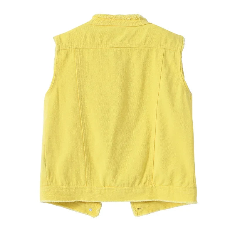 Autumn Women Denim Vests Sleeveless Waistcoat Students Casual Sleeveless Tops Jeans Jackets Pink Yellow White Orange Green 5XL