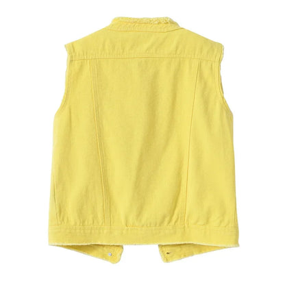 Autumn Women Denim Vests Sleeveless Waistcoat Students Casual Sleeveless Tops Jeans Jackets Pink Yellow White Orange Green 5XL
