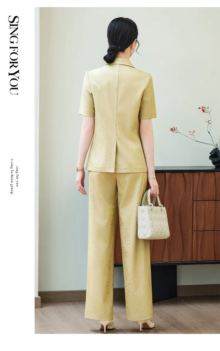 Fashion Blue Yellow Short Sleeve Professional Suit Women New Summer Elegant Formal Slim Blazer And Pants Office Ladies Work Wear