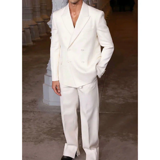 Men's 2-Piece Single Breasted White Suit – Loose Fit Formal Jacket & Trousers for Weddings, Grooms & Banquets