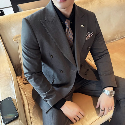 Autumn Winter Double Breasted Wedding Suit for Men 3 Piece Set (jacket+west+pant) Casual Business Office Work Party Formal Suits