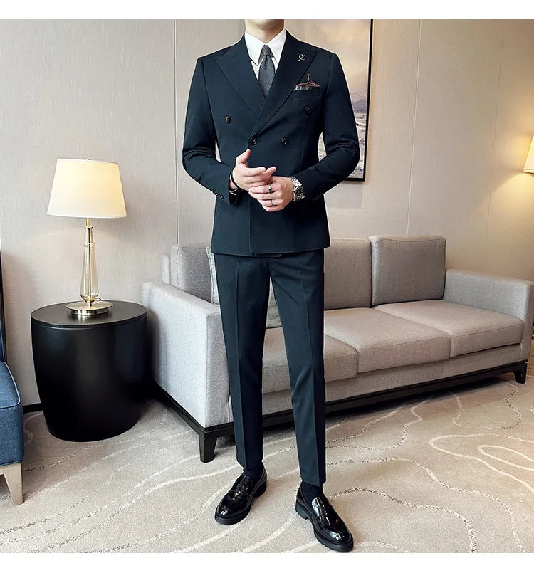 (Jackets +Pants ) Men's Suits 2 Piece High-Quality Double Breasted Lapel Solid Business Groom Wedding Tuxedo Banquet Clothing