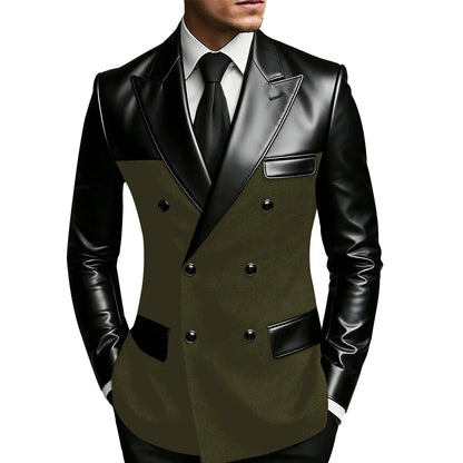 Men's Double Breasted Suit Blazer with Leather Patchwork for Weddings and Formal Events