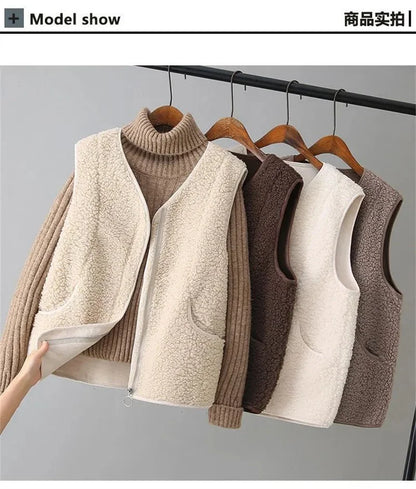 Women Fashion Large Size 4XL Vest Tops Coat Korean Female Waistcoat Jackets Autumn Winter Ladies Lamb Wool Sleeveless Outerwear