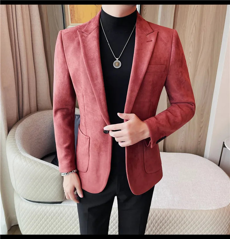 2024 Autumn Winter Men's Suede Suit Jacket High End Business Casual Blazers Slim Fit Wedding Groom Street Wear Social Dress Coat