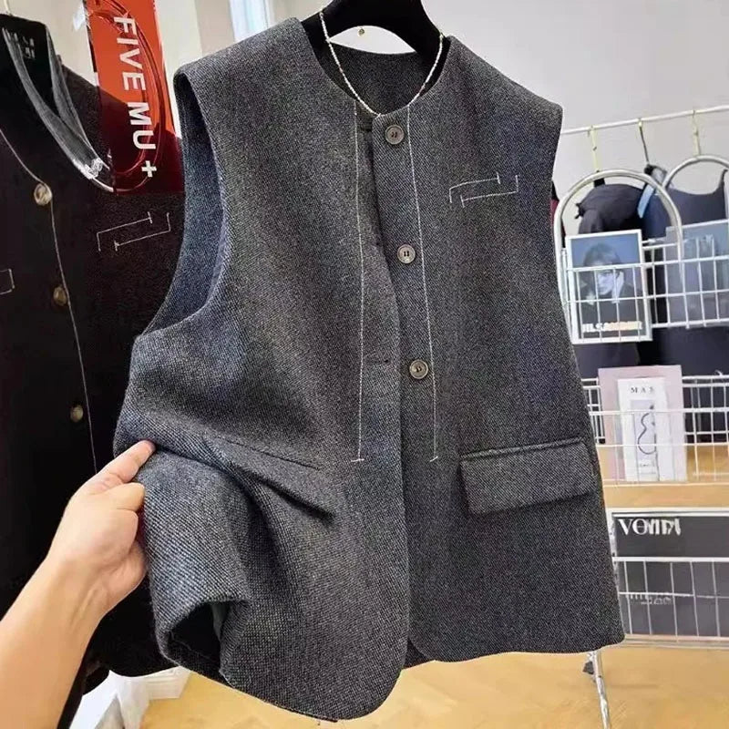 Spring Autumn Lady Fashion Sleeveless Jacket Women High End Casual Vest Outwear Korean Female Round Neck Cardigan Waistcoat Coat