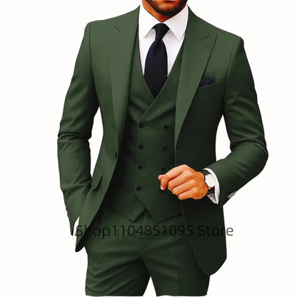 Solid Color Fashion Men Formal Business Suits Wedding Suit Slim Fit Groom Tuxedos 3 Pcs Set Dress Peak Lapel Blazer Vest Pants