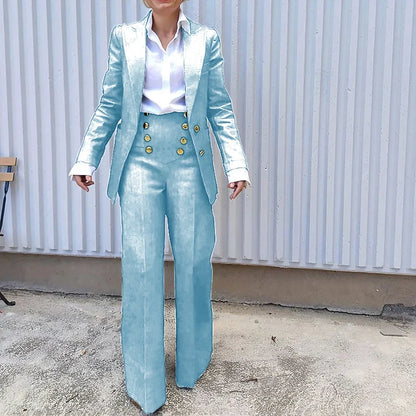 Navy Blue Women Suit Customized Single-breasted Peaked Lapel Denim Two Pieces(Blazer+Pants) Casual Daily Set for Shopping&Office