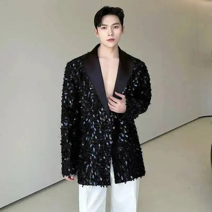 Design Patchwork Burr Original Casual Shoulder Pad Sequin Blazer Coat Men's 2025 Autumn Fashion Temperament Jacket JY7384