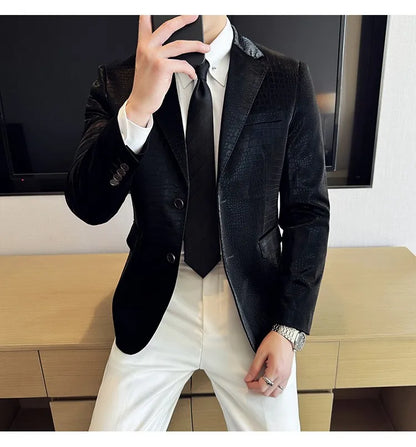 2026 Crocodile Patterned Leather Suit Jacket Men Slim Fit Business Casual Leather Jacket Wedding Groom Party Work Men Blazers