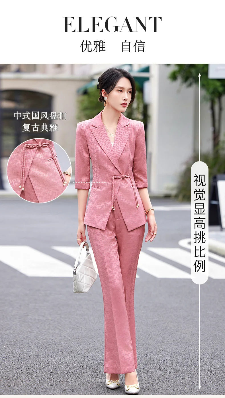 Chinese style Spring Summer Women Elegant Office Work Three Quarter Blazer Tops And Flare Pant Fashion Oversize Two Piece Suits