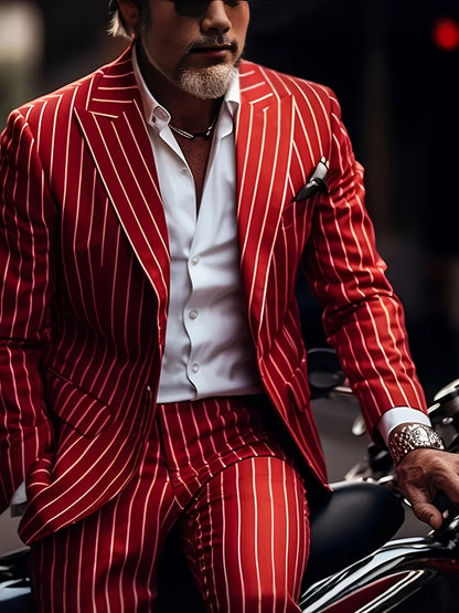 Men's Luxury Red Vertical Stripe Suit Jacket, Vintage Slim Fit Pinstripe Tuxedo Blazer, High-End Avant-Garde Formal Wedding Groo