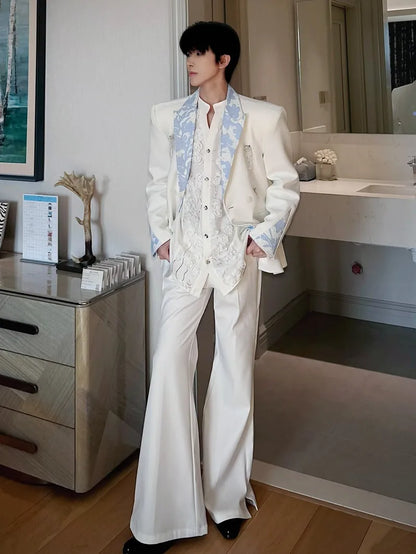 Business Men Work Suit Diamond Tassel Flower Collar Double Breasted Blazer Pants Three Piece Set Loose Fit Gown Dress Suit Sets