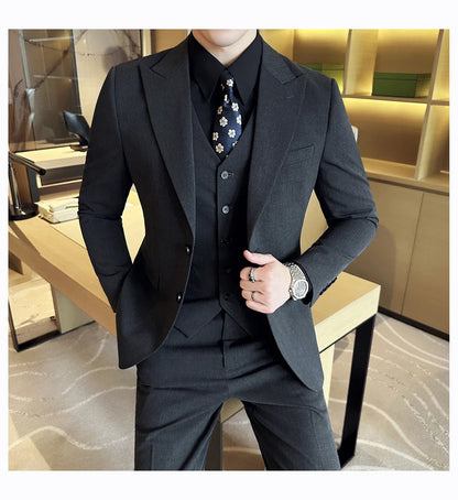 (Jacket + Vest + Pant) Men's Formal Slim Fit Business Work Wedding Stage Tuxedo Fashion Best Men Social Dress Suit 3 Pieces Set