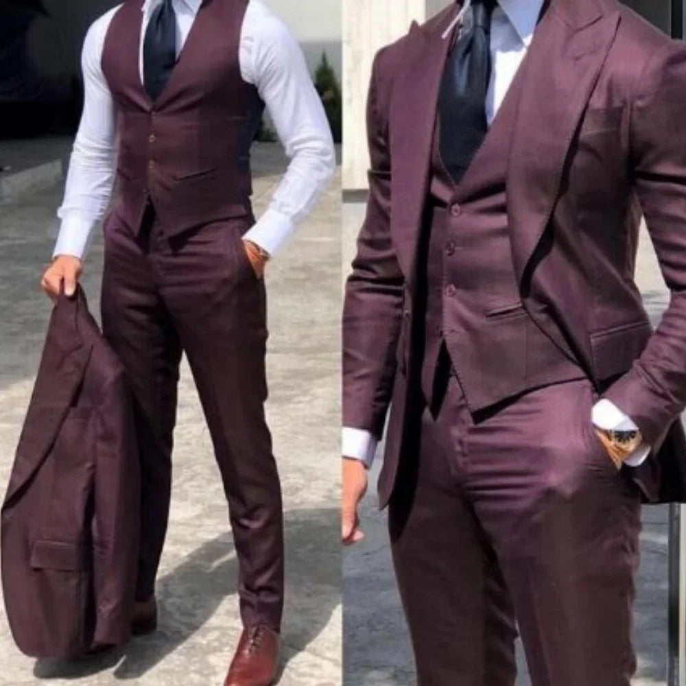 3PCS Men's Formal Tuxedo Set with Peaked Lapel Blazer Vest Pant Fashion Business Suits For Party Wedding Groom