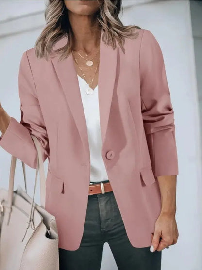Fall 2024 Women's Casual Long Sleeve Button-Up Collar Pocket Single-Breasted Office West Suit Polyester Blend Fashion Style
