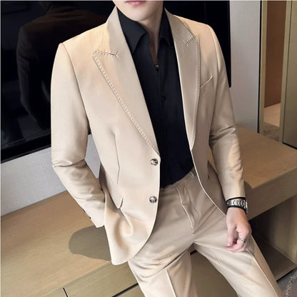 Jacket + Pants 2 Pieces Men's Elegant Fashion Slim Fit Suits Formal Business Wedding Tuxedos Casual Gentleman Solid Dress Suit