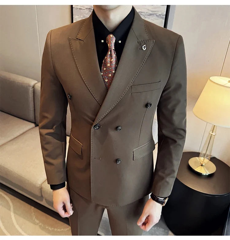 Men's Double Breasted Slim Fit Suit Set – Wedding & Smart Casual – Navy Blue, Brown, Black