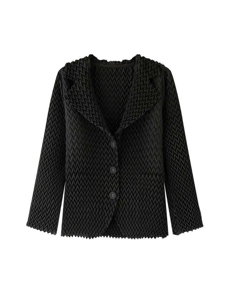 Pleats Original High-end Simple Solid Wave Pleated Small Suit Casual Versatile Long-sleeved Short Jacket Female Spring