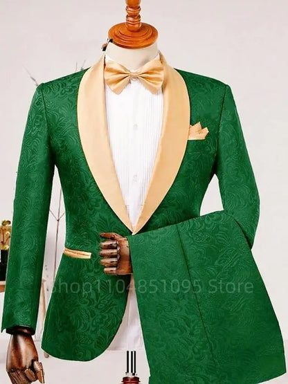 Men's Formal  Jacquard 2-Piece Wedding Suit Shawl Lapel Blazer with Pants Slim Fit Tuxedo Business Costume for Groom Party Prom