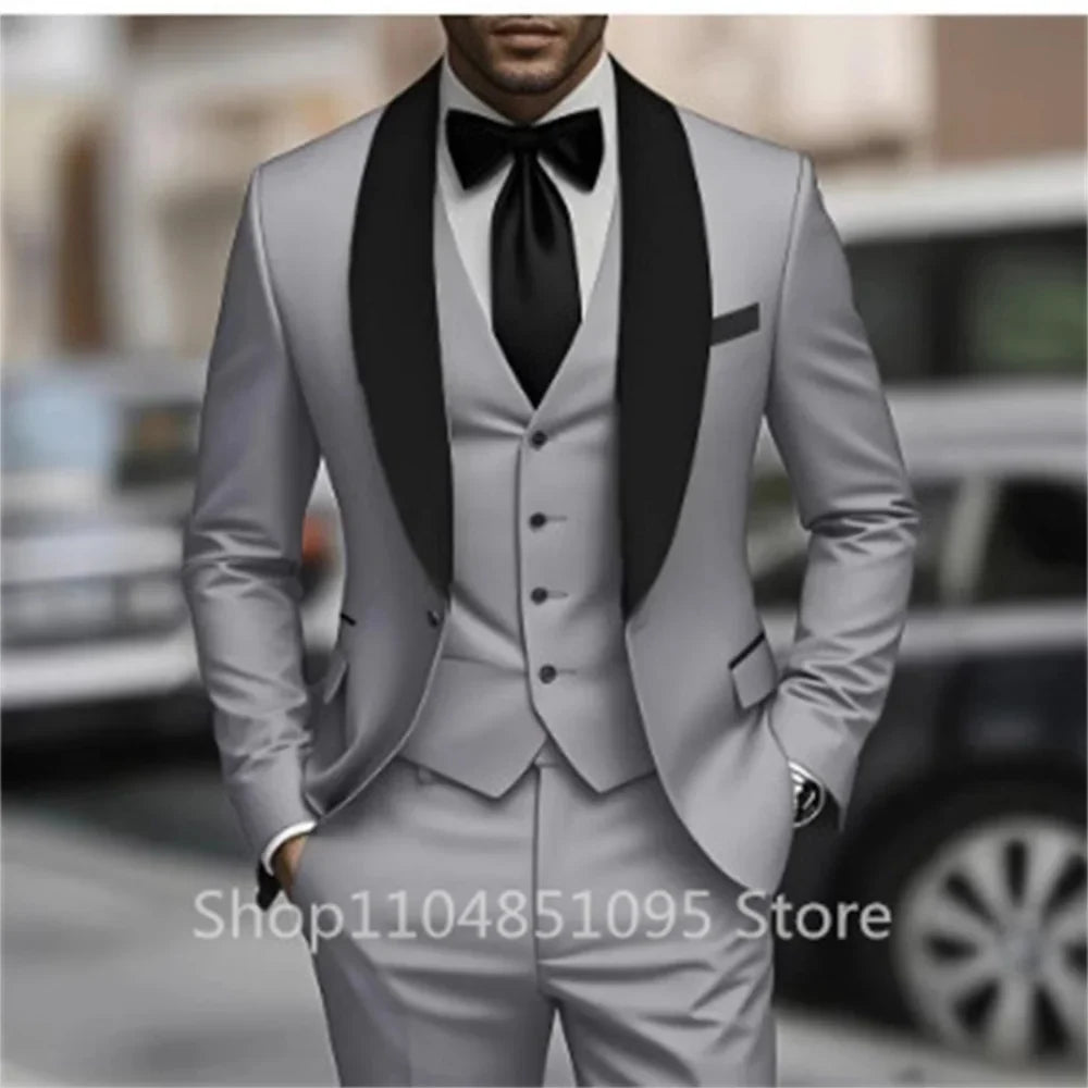 Classic Fitted Men's 3-Pieces Tuxedo Smoking Suit with Unique Lapel Single Breasted Blazer Vest Pant Set