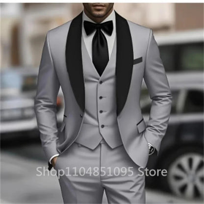 Classic Fitted Men's 3-Pieces Tuxedo Smoking Suit with Unique Lapel Single Breasted Blazer Vest Pant Set