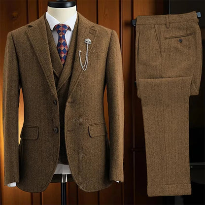 Elegant Herringbone Men Suits for Casual Business Party 3 Pieces Wedding Fashion Tuxedo Custom Made Suit Set Jacket Pant Vest