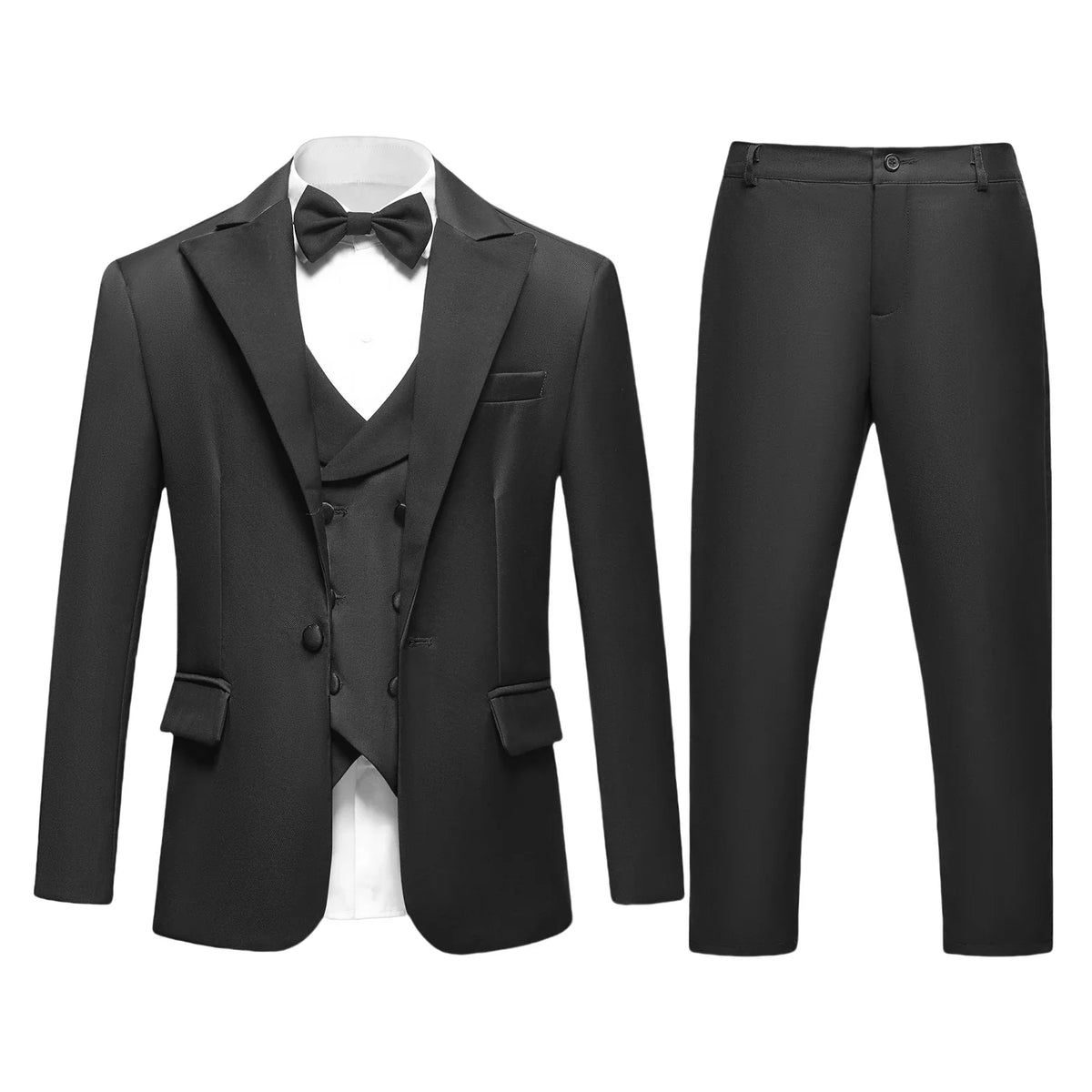 Boys 4-Piece Formal Suit Set for Kids Ages 3–14 | Solid Color Tuxedo with Blazer, Vest, Pants & Bow-Tie for Weddings & Special Occasions
